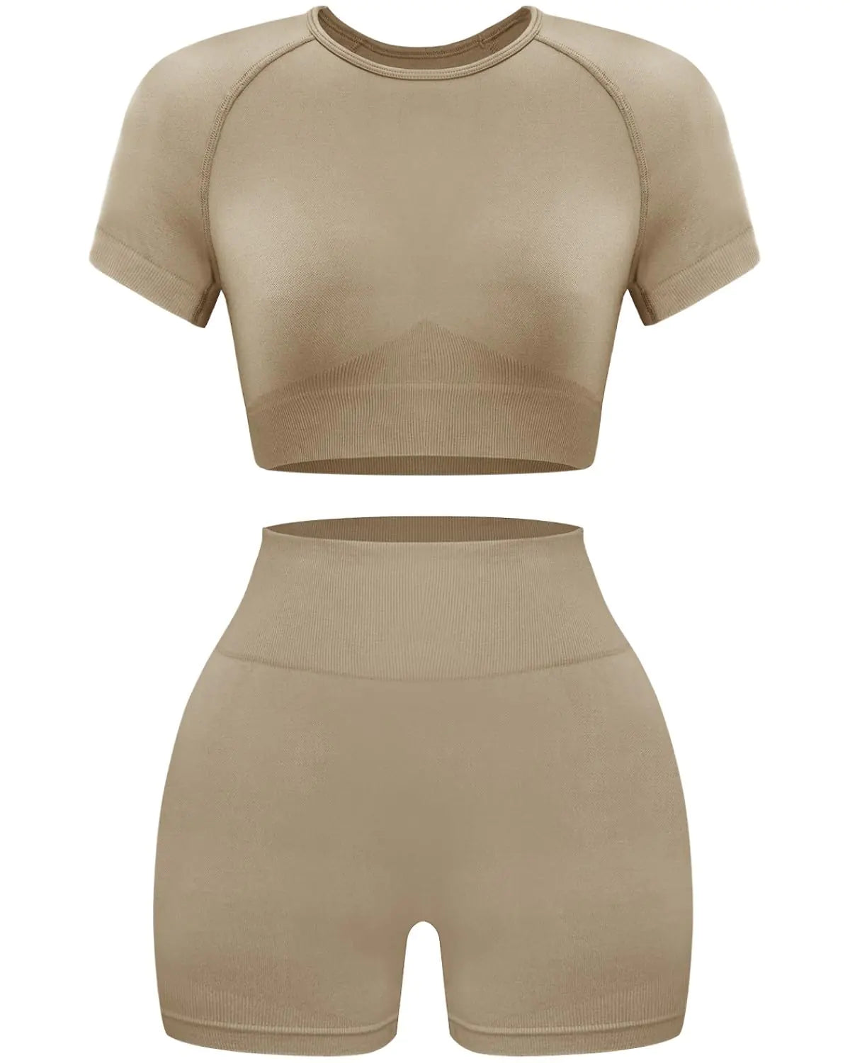 OLCHEE Women's Seamless Workout Set – Acid Wash Crop Top & Shorts (Coffee, Small)