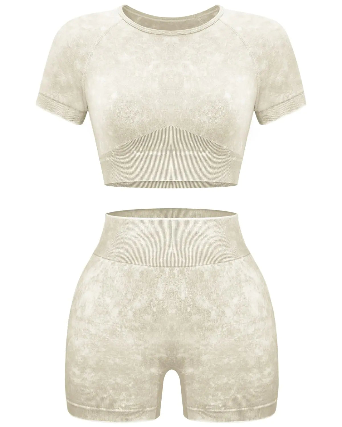 OLCHEE Women's Seamless Workout Set – Acid Wash Crop Top & Shorts (Coffee, Small)