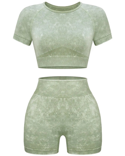 OLCHEE Women's Seamless Workout Set – Acid Wash Crop Top & Shorts (Coffee, Small)