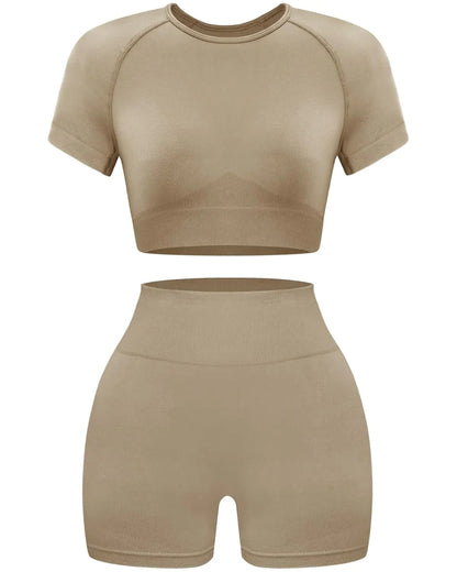 OLCHEE Women's Seamless Workout Set – Acid Wash Crop Top & Shorts (Coffee, Small)