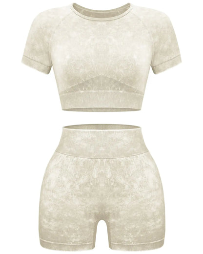 OLCHEE Women's Seamless Workout Set – Acid Wash Crop Top & Shorts (Coffee, Small)